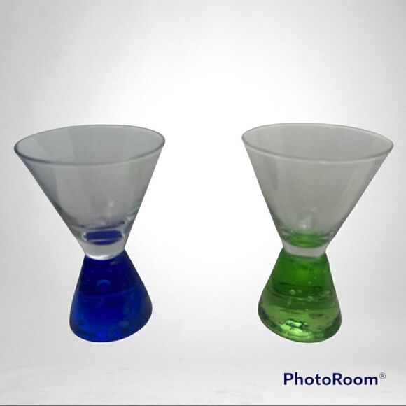 Shot Glasses Pedestal Style Green and Cobalt Blue Glass Set of 2 - Picture 1 of 9